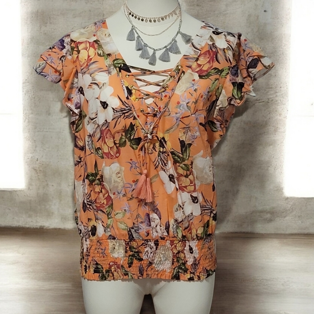 New I.N.C Peach White Hibiscus Floral Ruffle Sleeve Blouse & Tassles Size Large - Picture 2 of 15